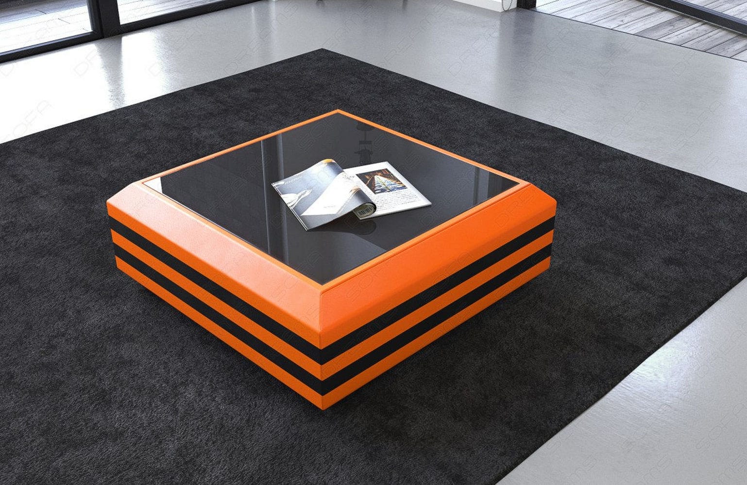Leder Couchtisch Ravenna – Ausziehbar & Elegant Orange-Schwarz
