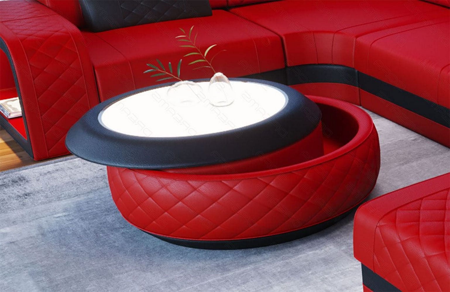 Couchtisch Berlin in Leder Rot-Schwarz
