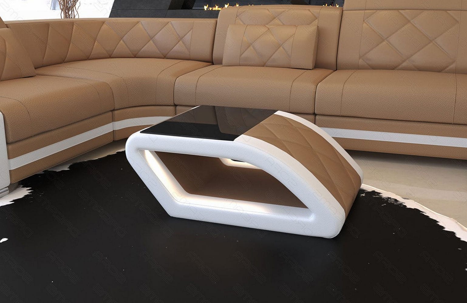 Leder Couchtisch Swing – Elegantes Design Sandbeige-Weiß