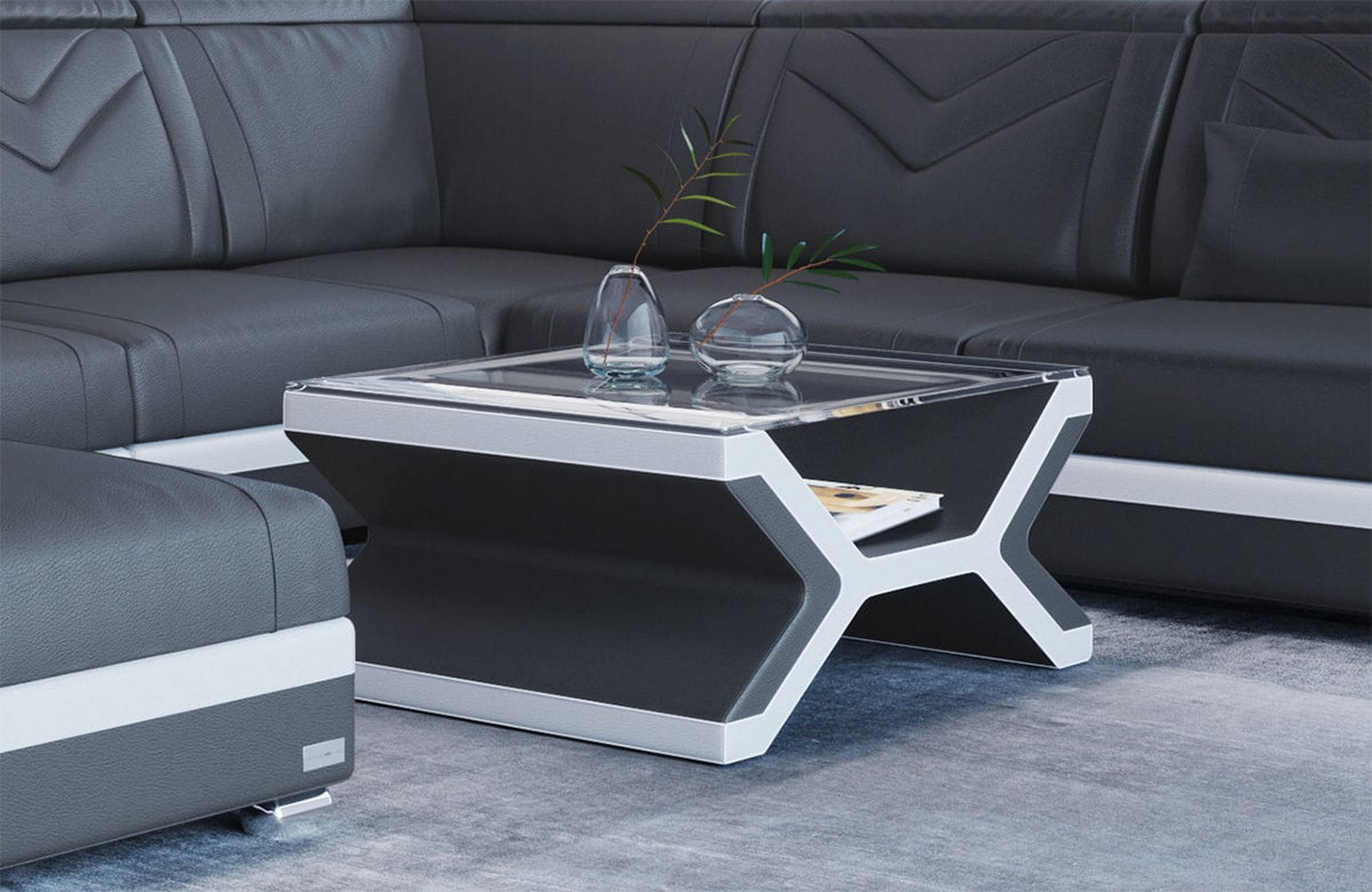 Designer Leder Couchtisch Napoli – Eleganz Grau-Weiß