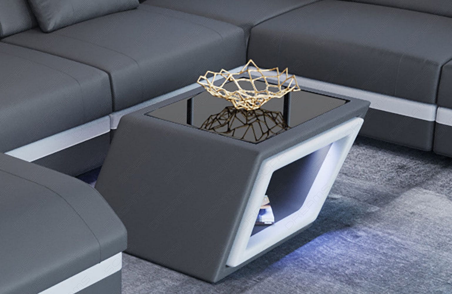 Designer Leder Couchtisch Catania – Edles Design Grau-Weiß