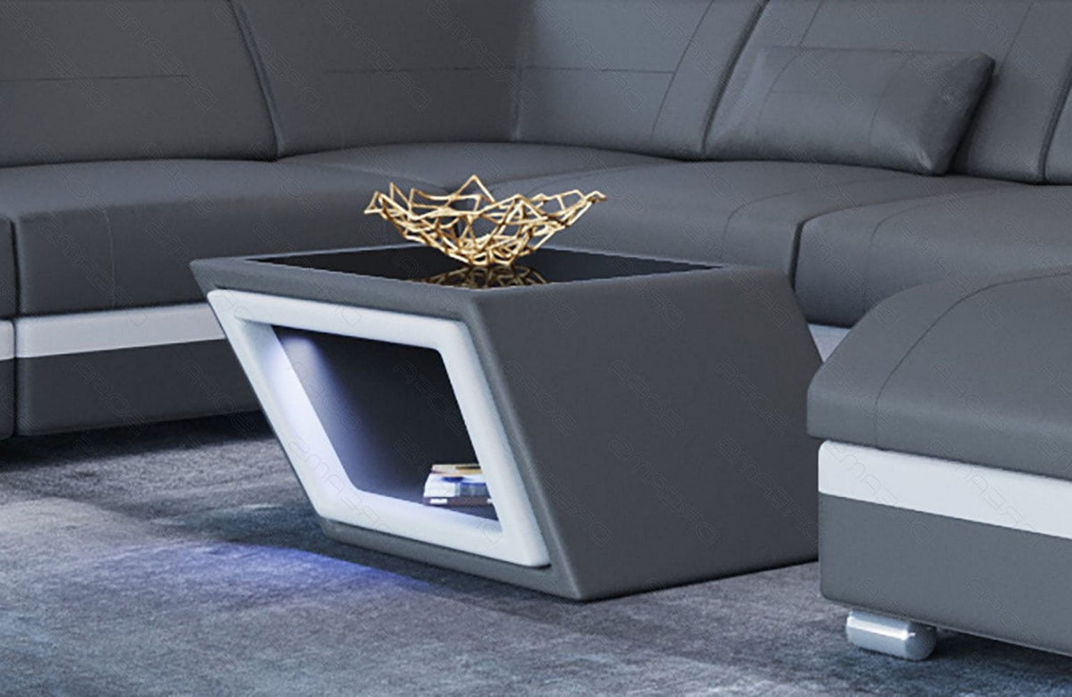 Designer Leder Couchtisch Catania – Edles Design Grau-Weiß