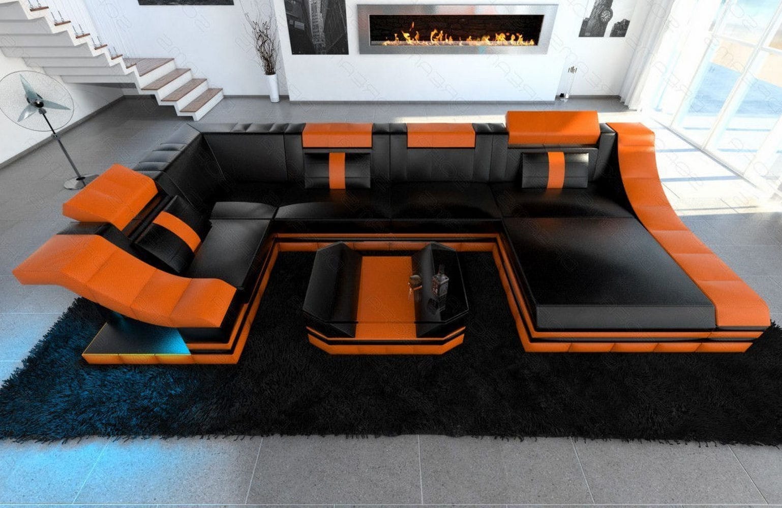 Mini Moderne Wohnlandschaft Turino U-Form mit LED Schwarz-Orange