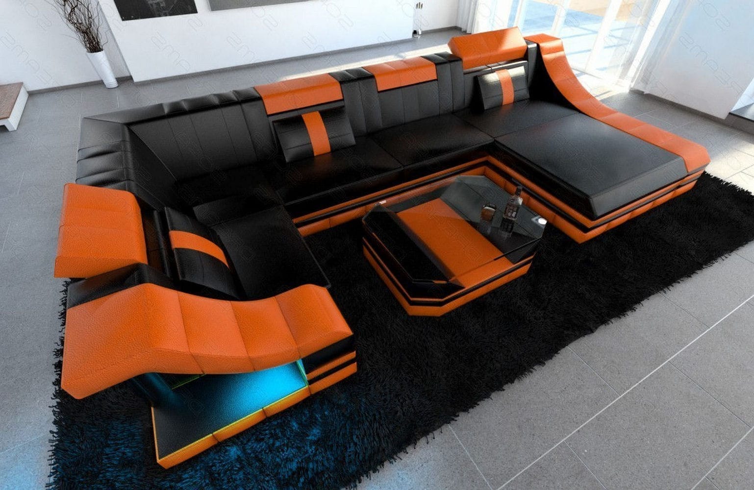 Mini Moderne Wohnlandschaft Turino U-Form mit LED Schwarz-Orange