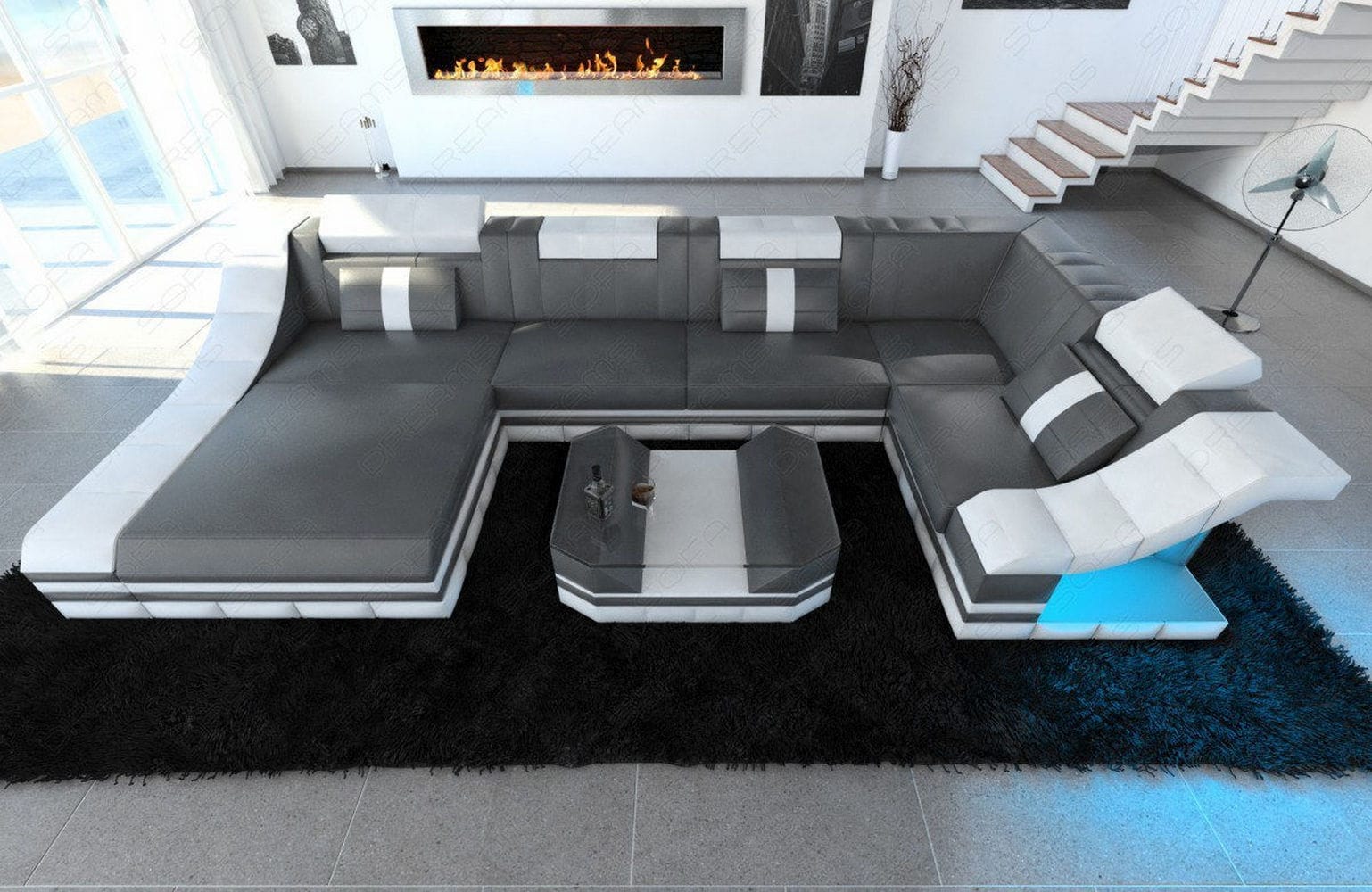 Mini Moderne Wohnlandschaft Turino U-Form mit LED Grau-Weiß
