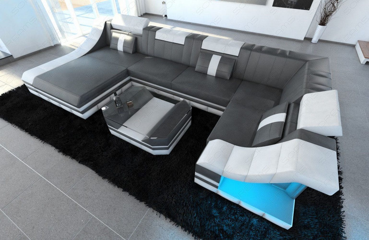 Mini Moderne Wohnlandschaft Turino U-Form mit LED Grau-Weiß