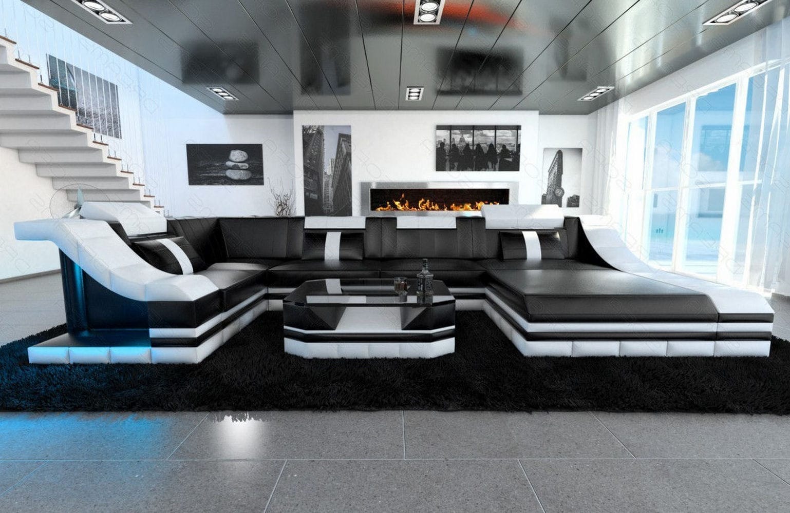 Mini Wohnlandschaft Turino U-Form schwarz-weiß