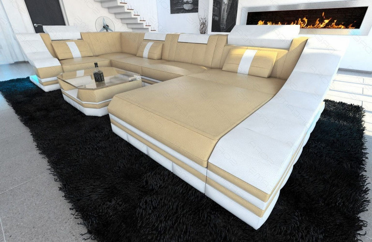 Mini Wohnlandschaft Turino U-Form in Leder Sandbeige-Weiß