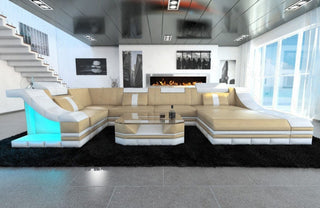 Mini Wohnlandschaft Turino U-Form in Leder Sandbeige-Weiß