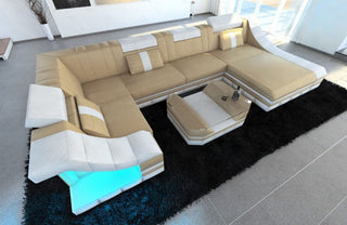 Mini Wohnlandschaft Turino U-Form in Leder Sandbeige-Weiß