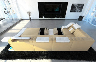 Mini Wohnlandschaft Turino U-Form in Leder Sandbeige-Weiß