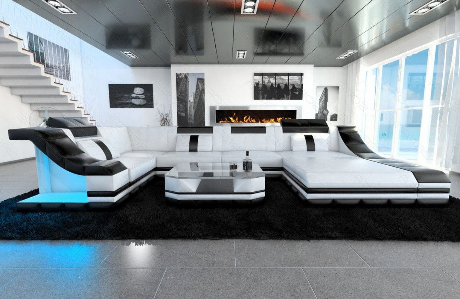 Moderne Wohnlandschaft Turino U-Form mit LED weiß-schwarz