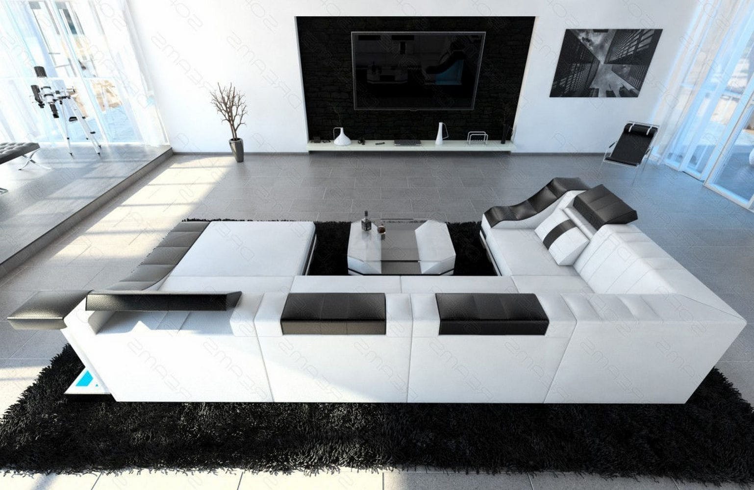 Moderne Wohnlandschaft Turino U-Form mit LED weiß-schwarz