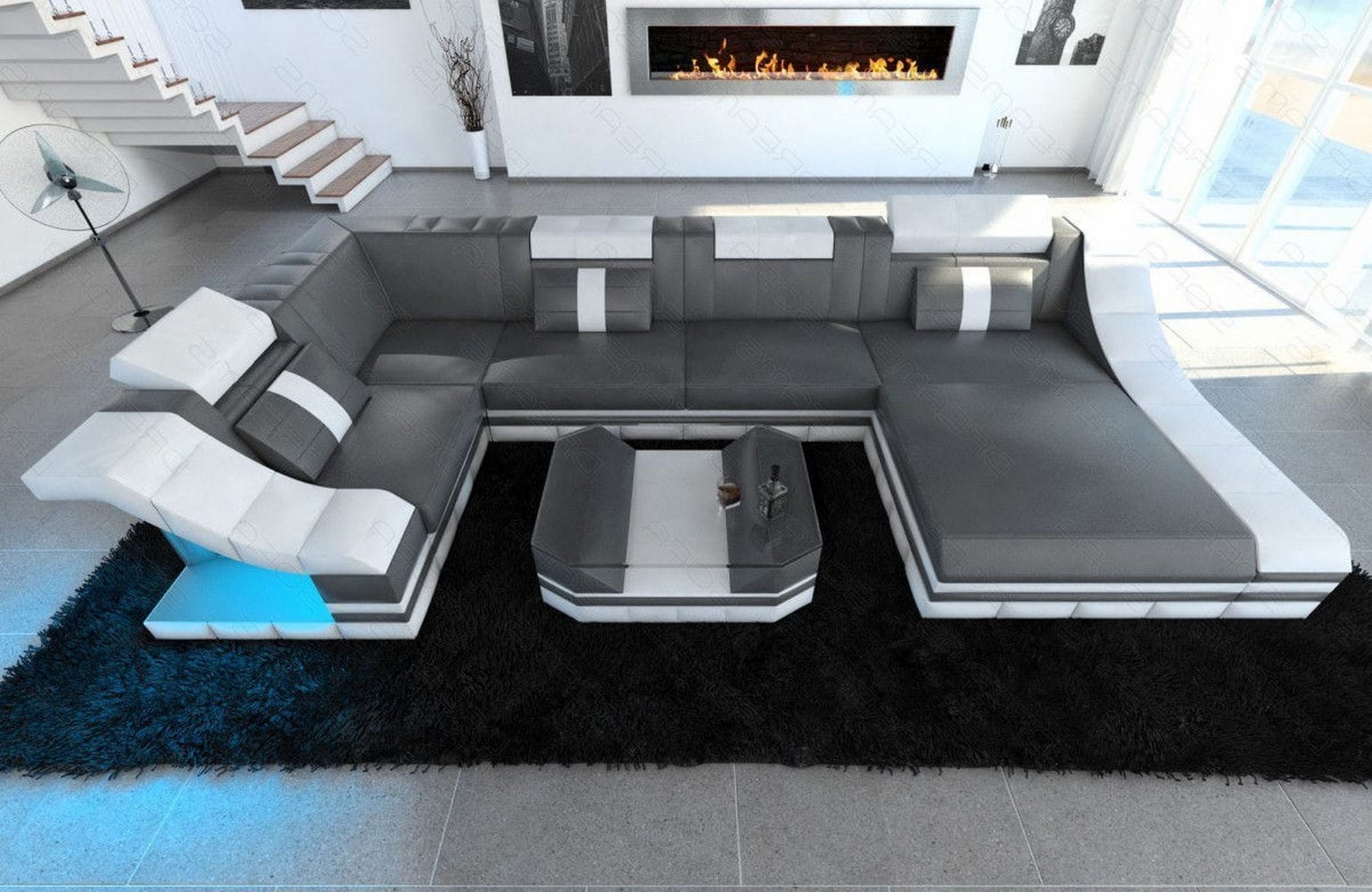 Moderne Wohnlandschaft Turino U-Form mit LED grau-weiß