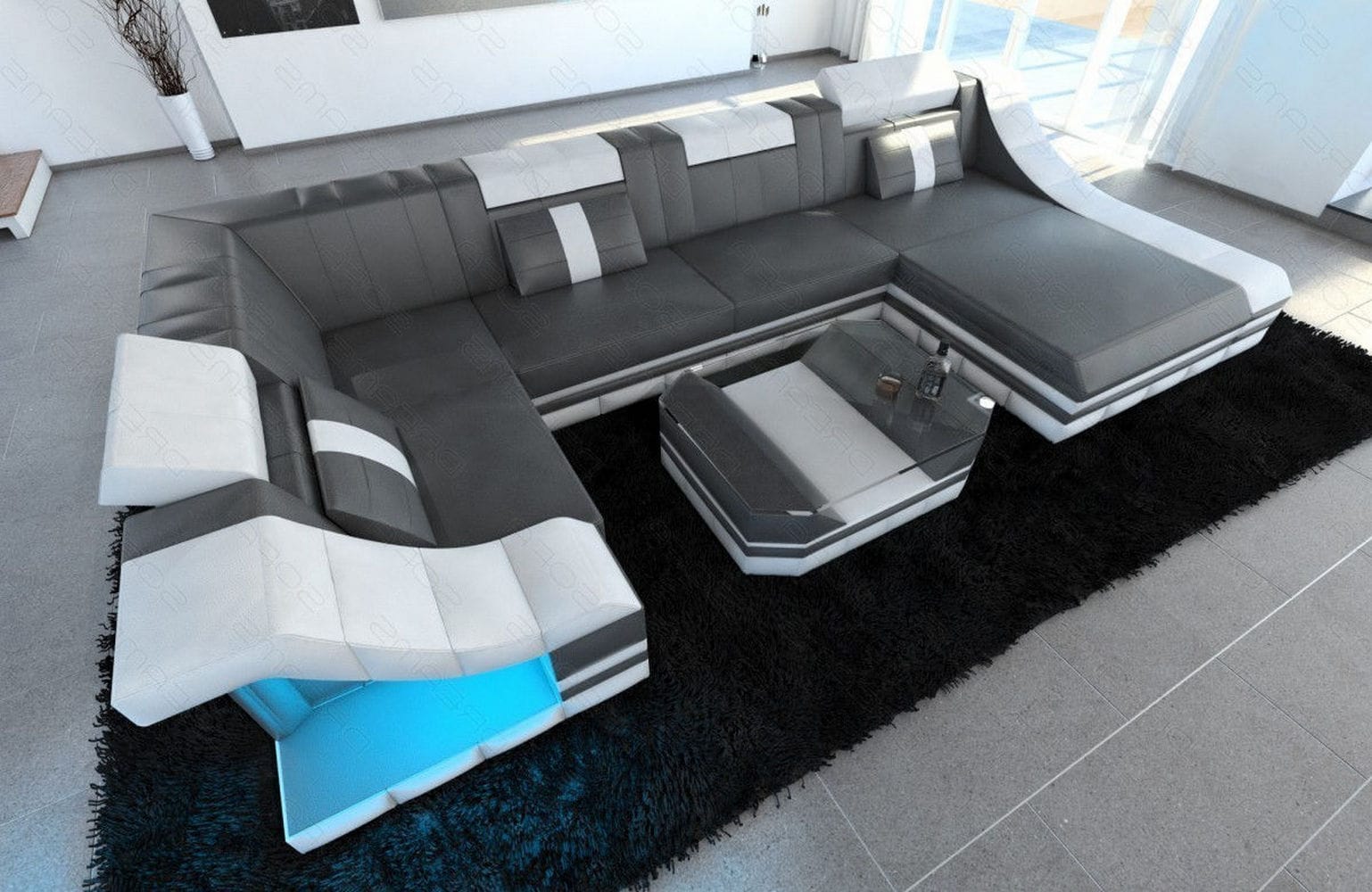 Moderne Wohnlandschaft Turino U-Form mit LED grau-weiß