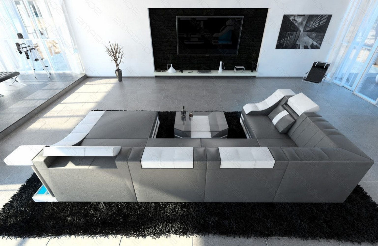 Moderne Wohnlandschaft Turino U-Form mit LED grau-weiß