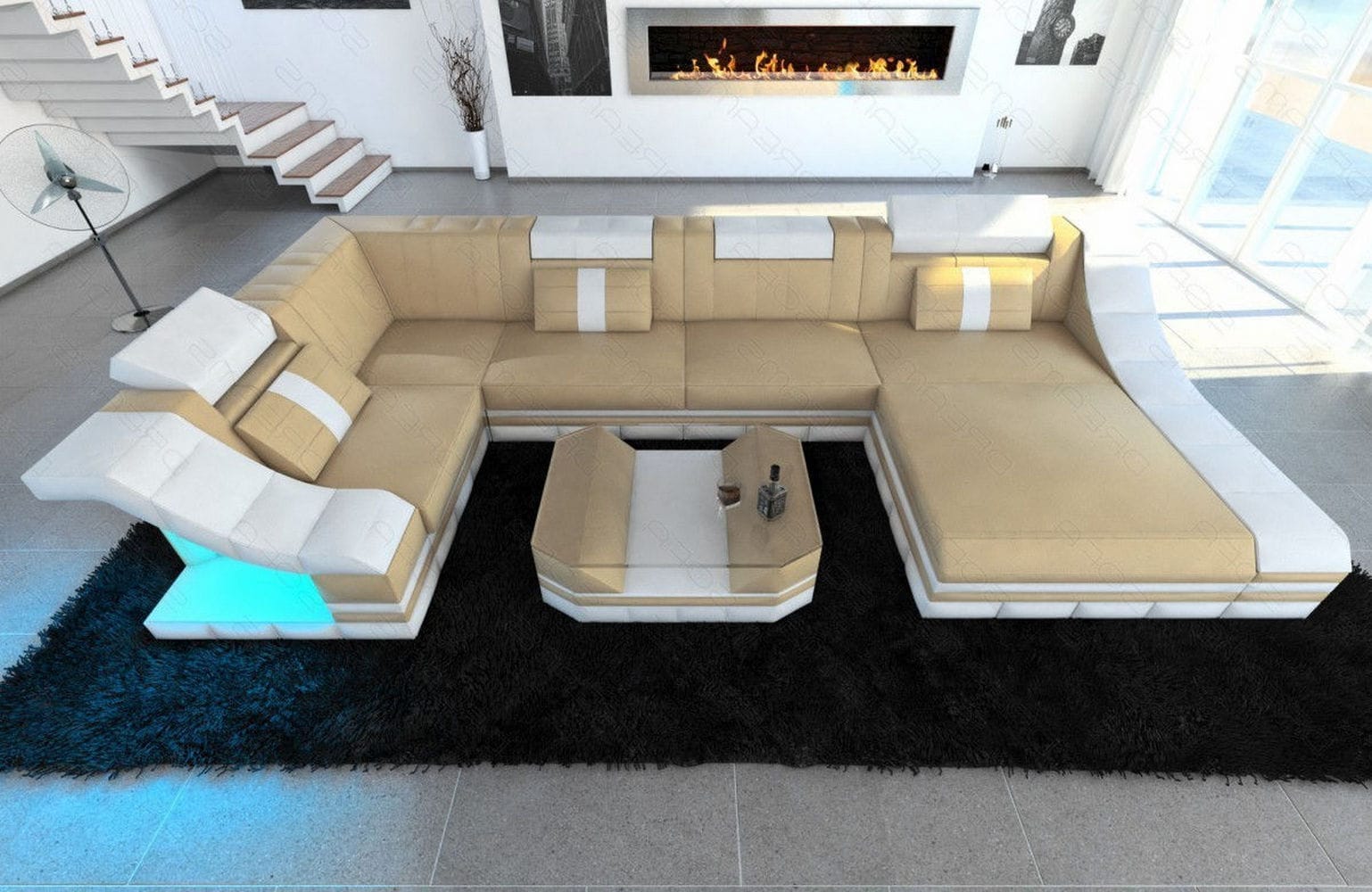 Moderne Wohnlandschaft Turino U-Form mit LED sandbeige-weiß
