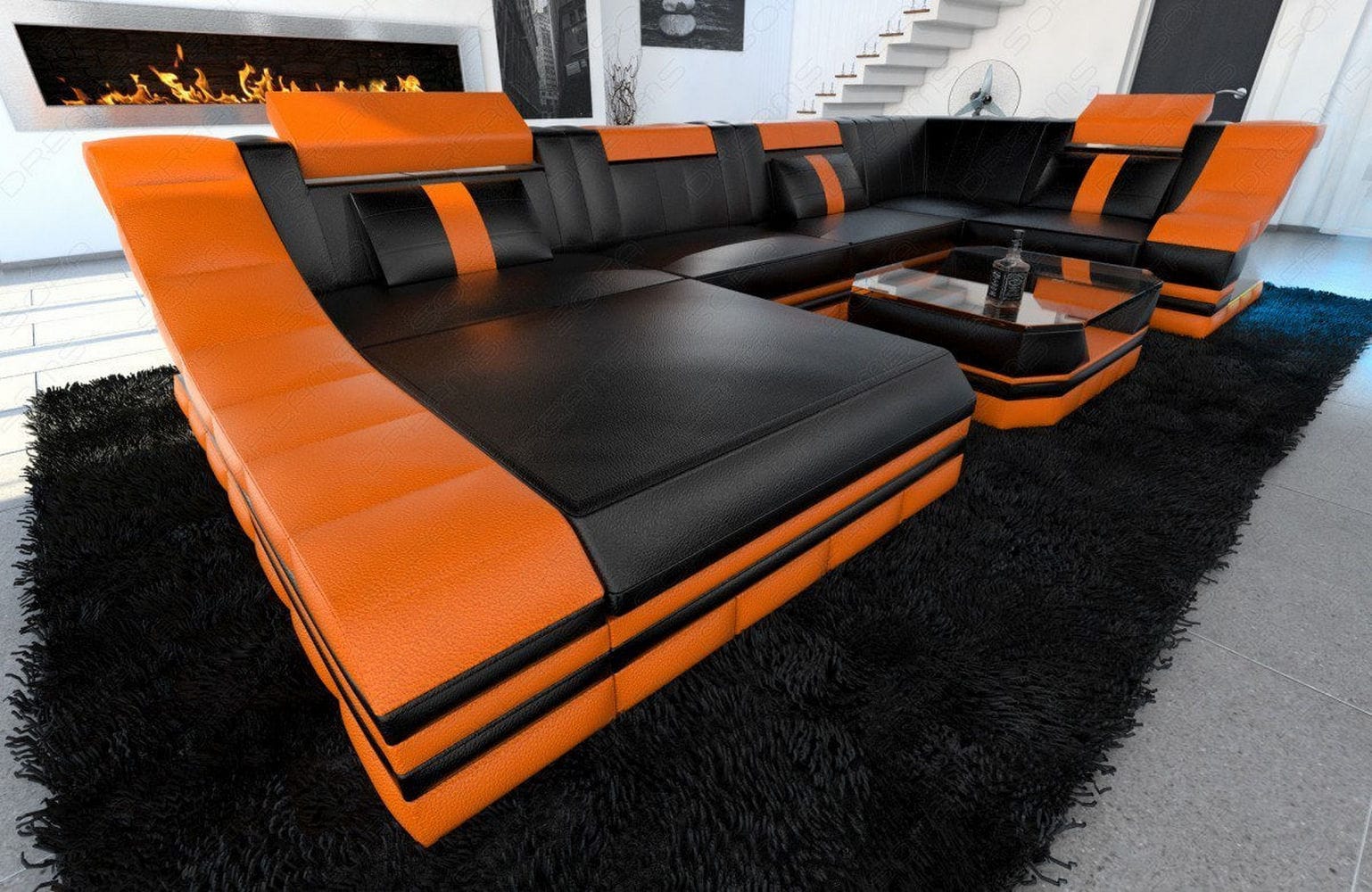 Moderne Wohnlandschaft Turino U-Form mit LED schwarz-orange