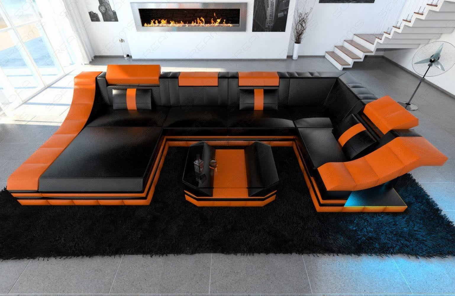 Moderne Wohnlandschaft Turino U-Form mit LED schwarz-orange