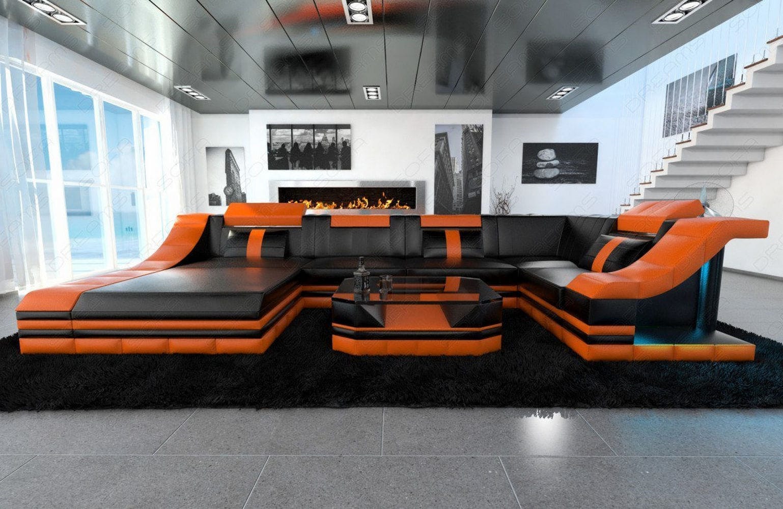 Moderne Wohnlandschaft Turino U-Form mit LED schwarz-orange