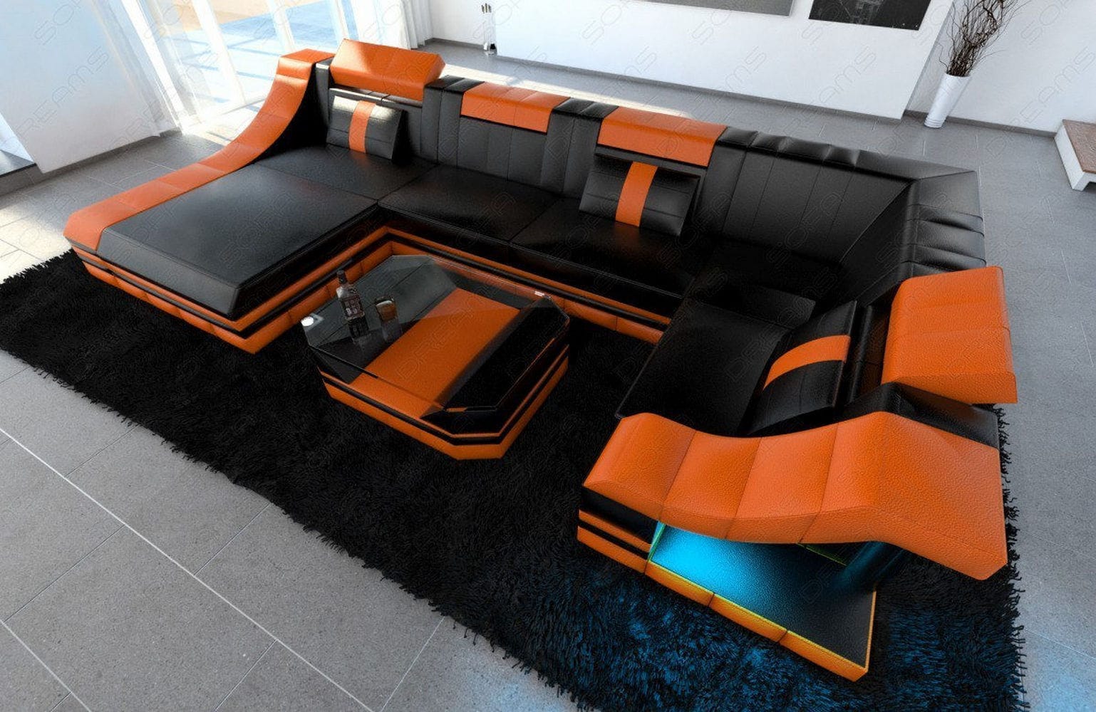 Moderne Wohnlandschaft Turino U-Form mit LED schwarz-orange