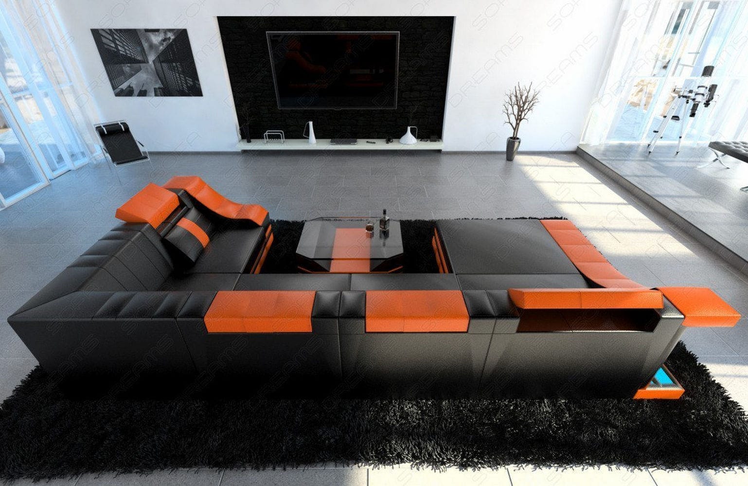Moderne Wohnlandschaft Turino U-Form mit LED schwarz-orange
