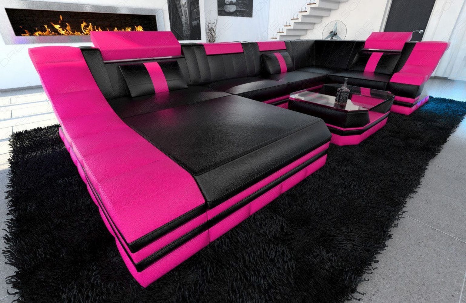 Moderne Wohnlandschaft Turino U-Form mit LED schwarz-pink