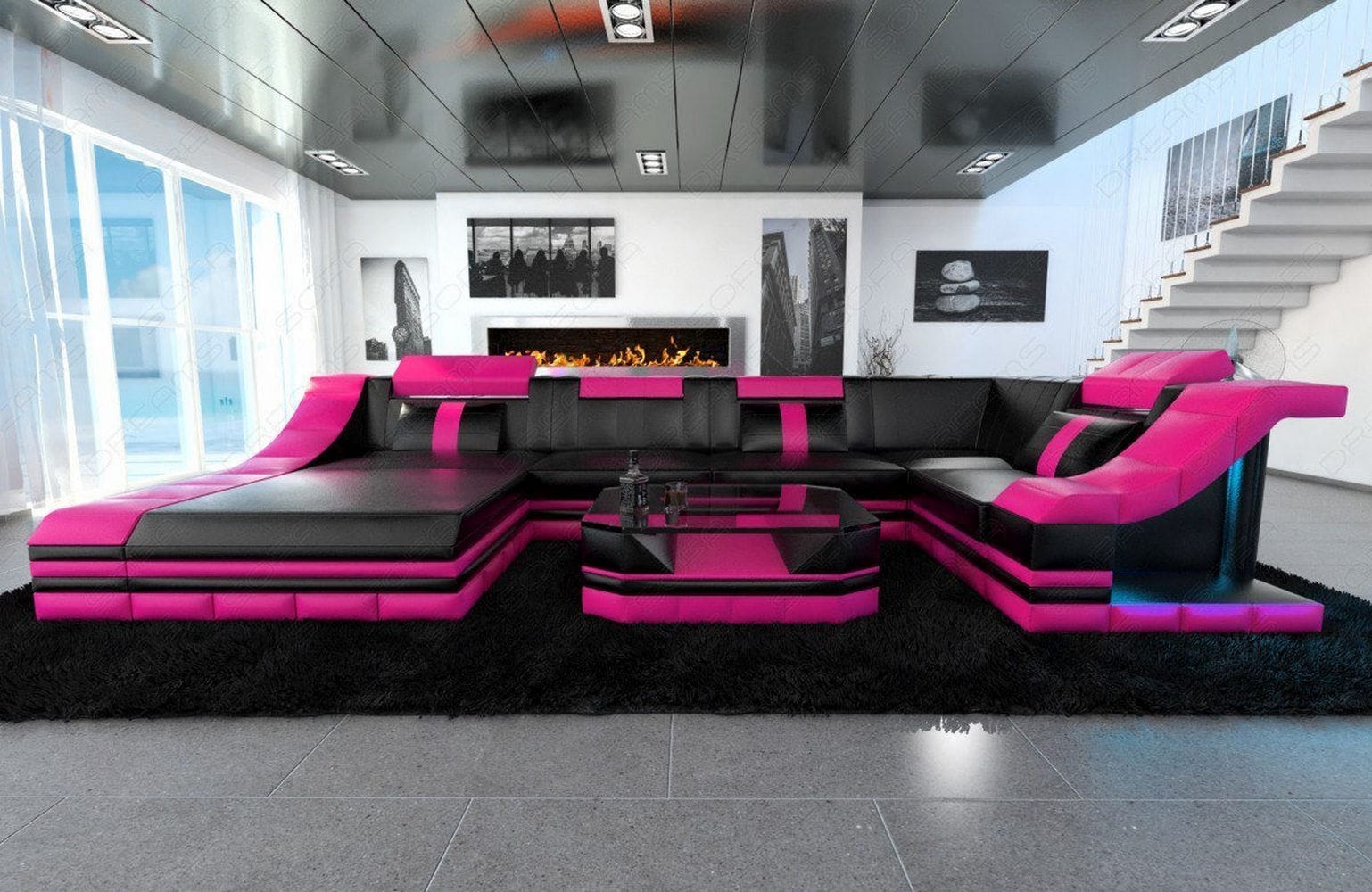 Moderne Wohnlandschaft Turino U-Form mit LED schwarz-pink