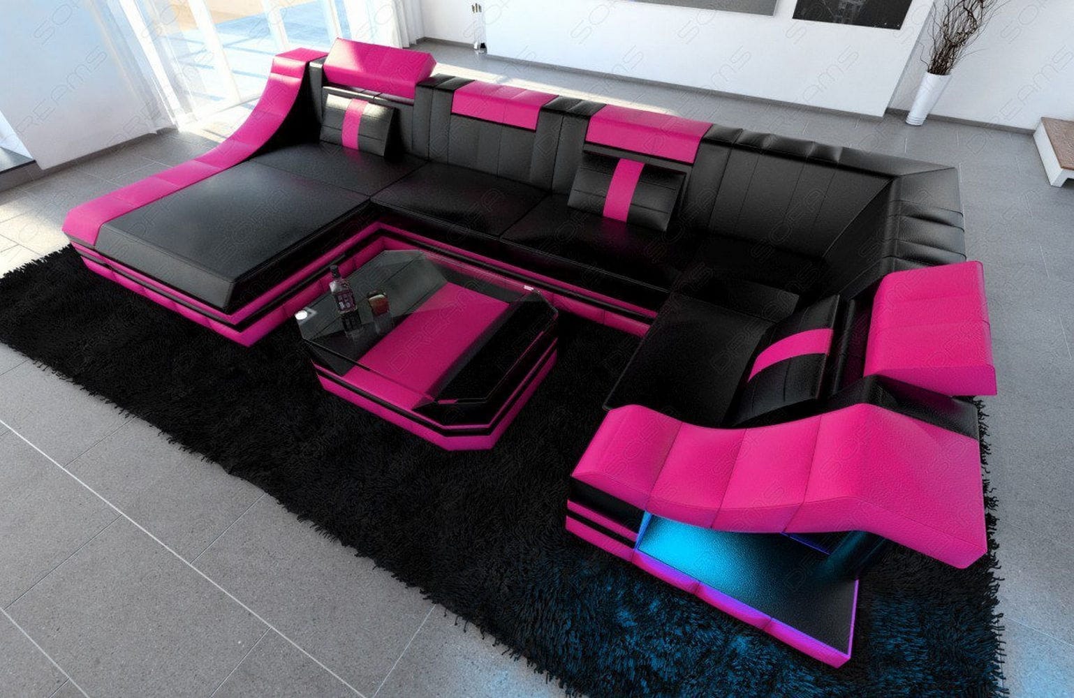 Moderne Wohnlandschaft Turino U-Form mit LED schwarz-pink