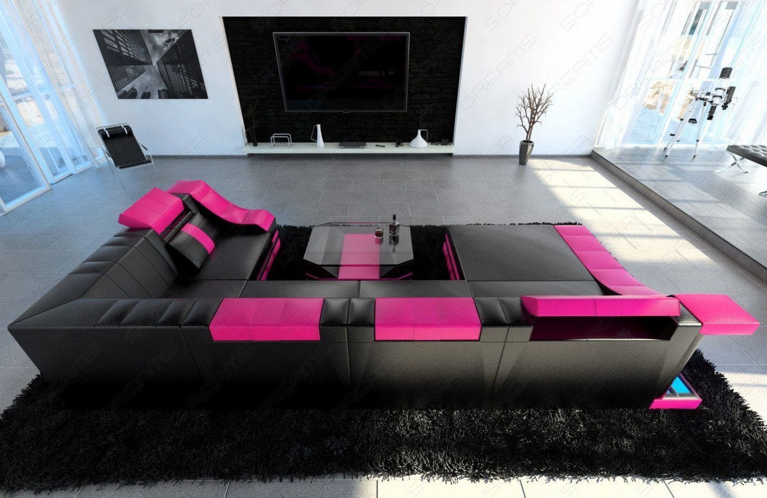 Moderne Wohnlandschaft Turino U-Form mit LED schwarz-pink