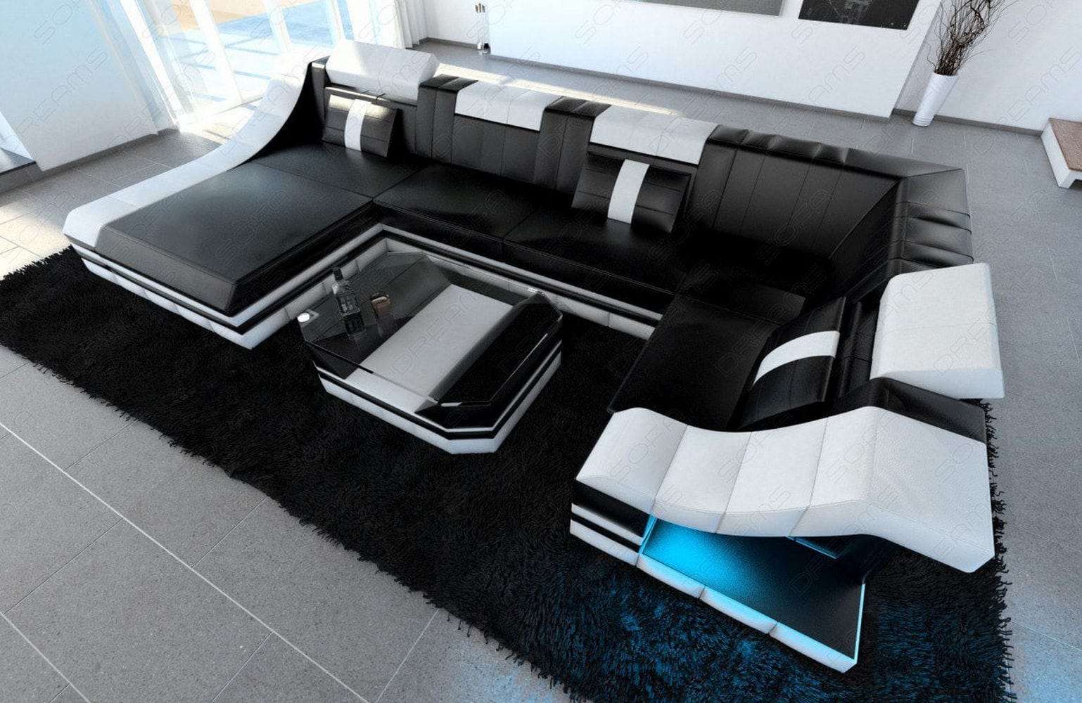 Moderne Wohnlandschaft Turino U-Form mit LED schwarz-weiß