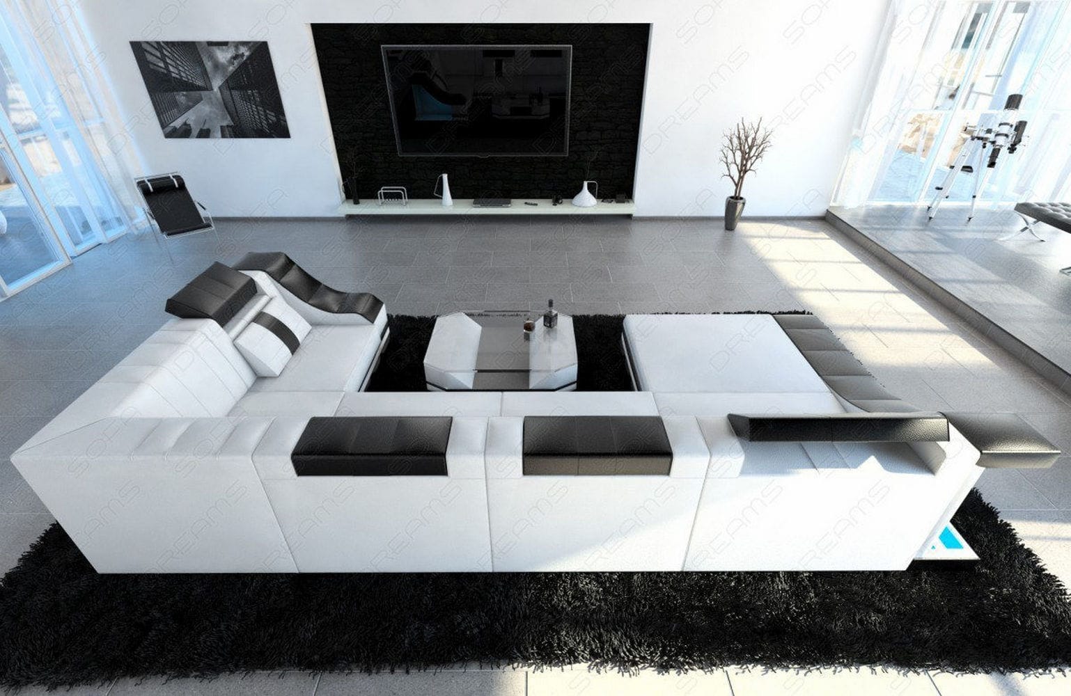 Moderne Wohnlandschaft Turino U-Form mit LED weiß-schwarz