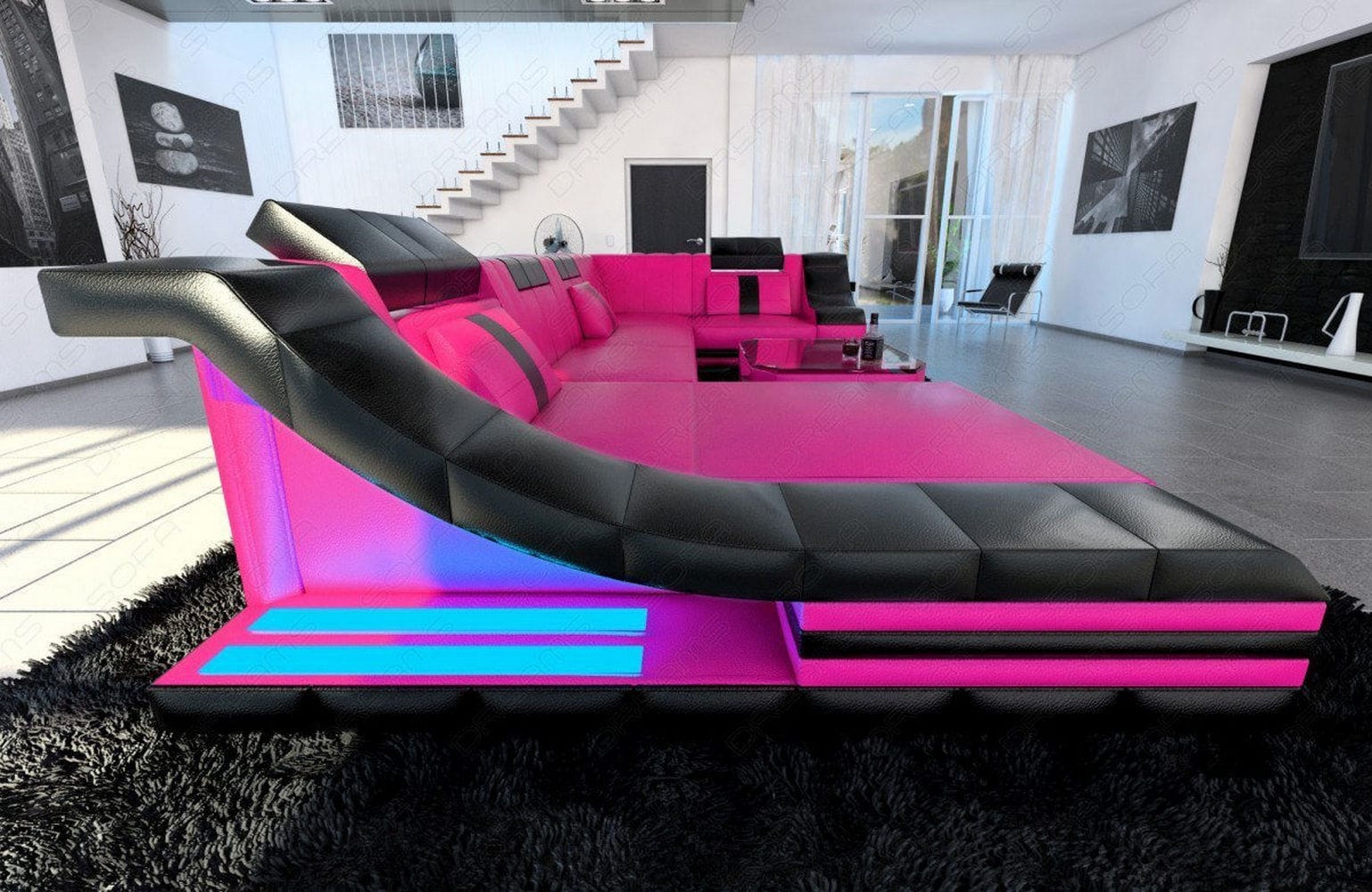 Moderne Wohnlandschaft Turino U-Form mit LED pink-schwarz