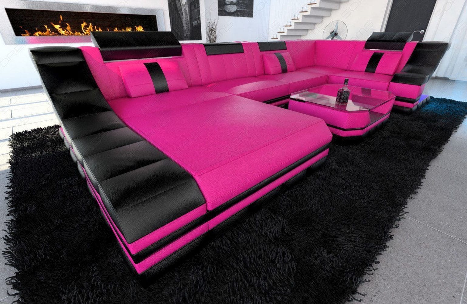 Moderne Wohnlandschaft Turino U-Form mit LED pink-schwarz