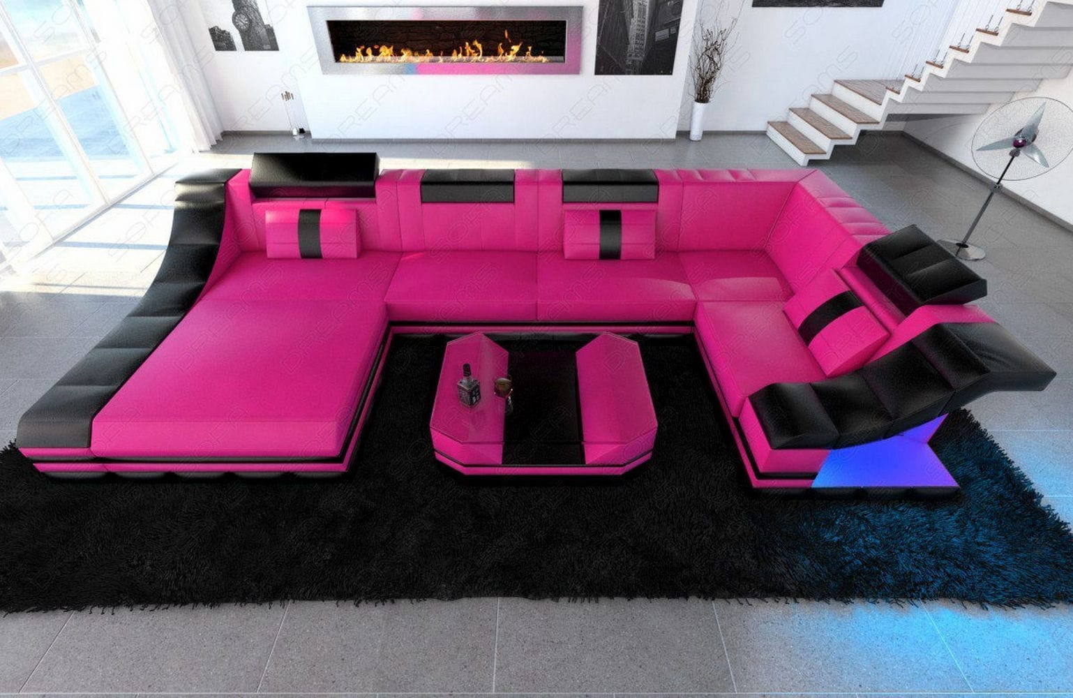 Moderne Wohnlandschaft Turino U-Form mit LED pink-schwarz
