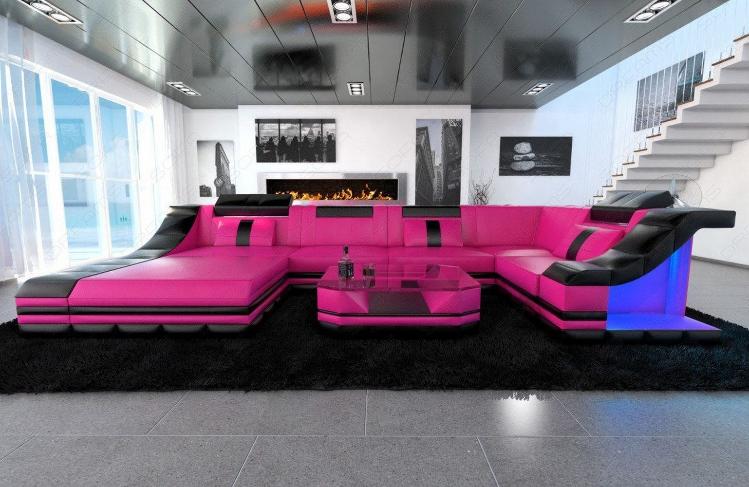 Moderne Wohnlandschaft Turino U-Form mit LED pink-schwarz