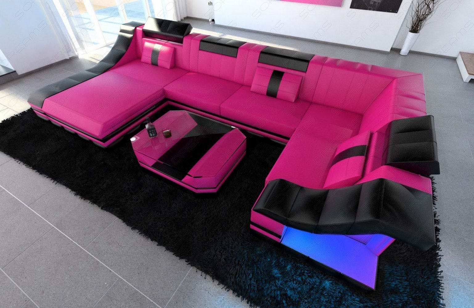 Moderne Wohnlandschaft Turino U-Form mit LED pink-schwarz
