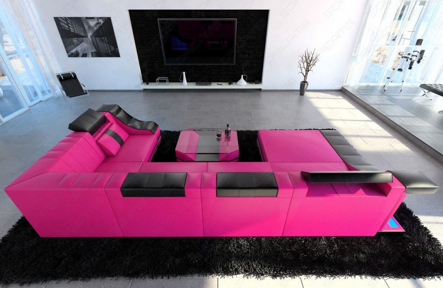 Moderne Wohnlandschaft Turino U-Form mit LED pink-schwarz
