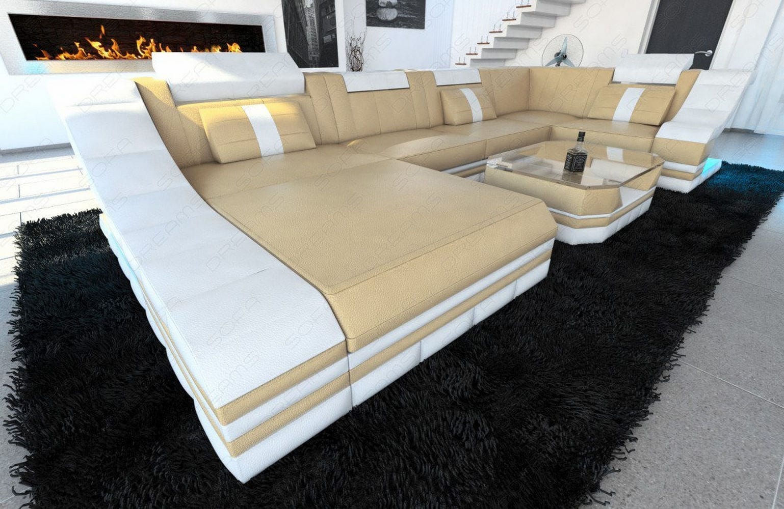 Moderne Wohnlandschaft Turino U-Form mit LED sandbeige-weiß