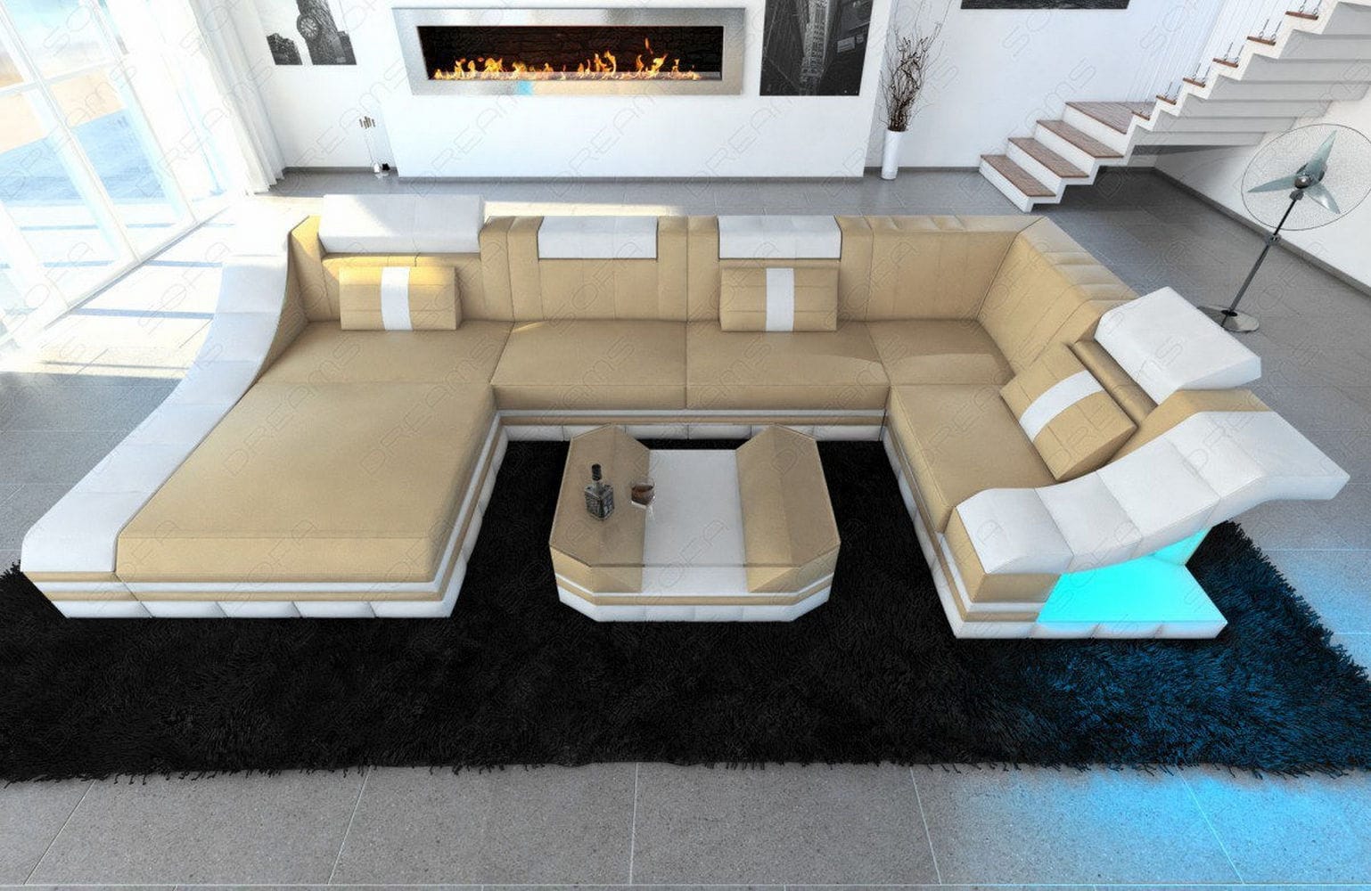 Moderne Wohnlandschaft Turino U-Form mit LED sandbeige-weiß