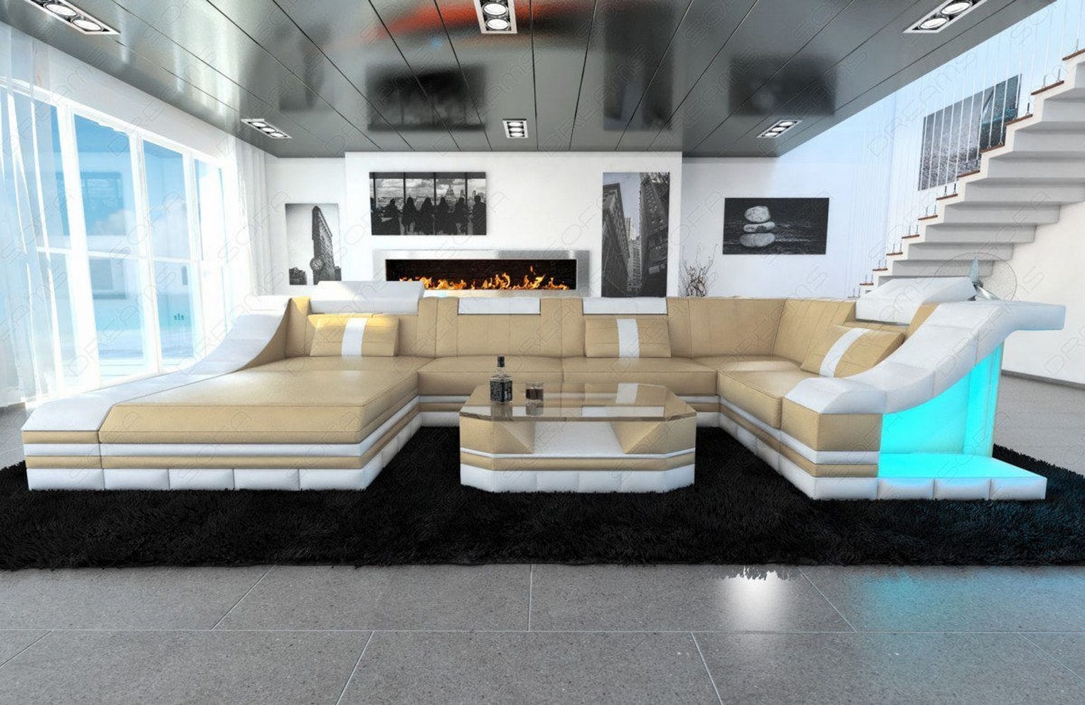 Moderne Wohnlandschaft Turino U-Form mit LED sandbeige-weiß