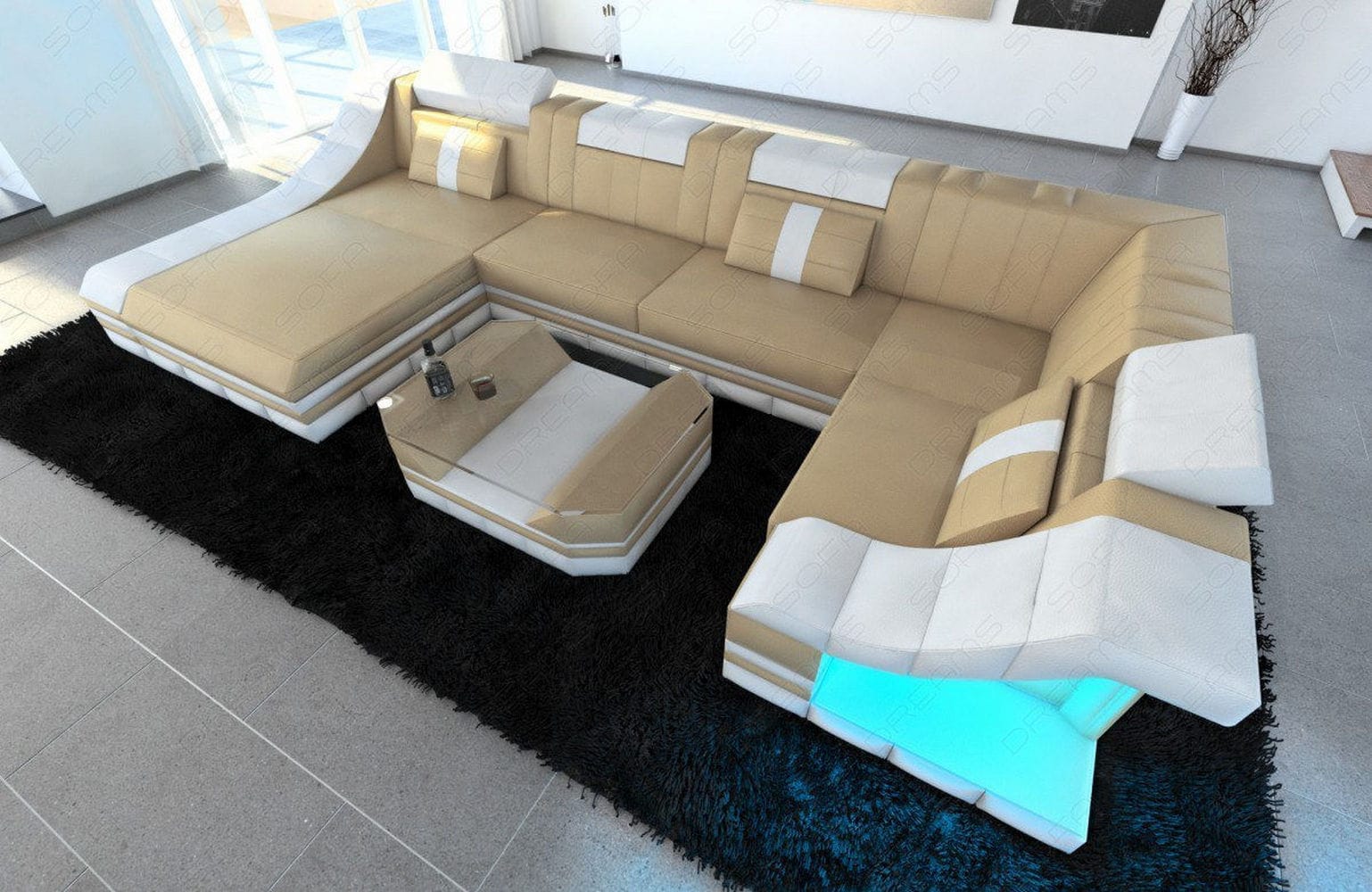 Moderne Wohnlandschaft Turino U-Form mit LED sandbeige-weiß