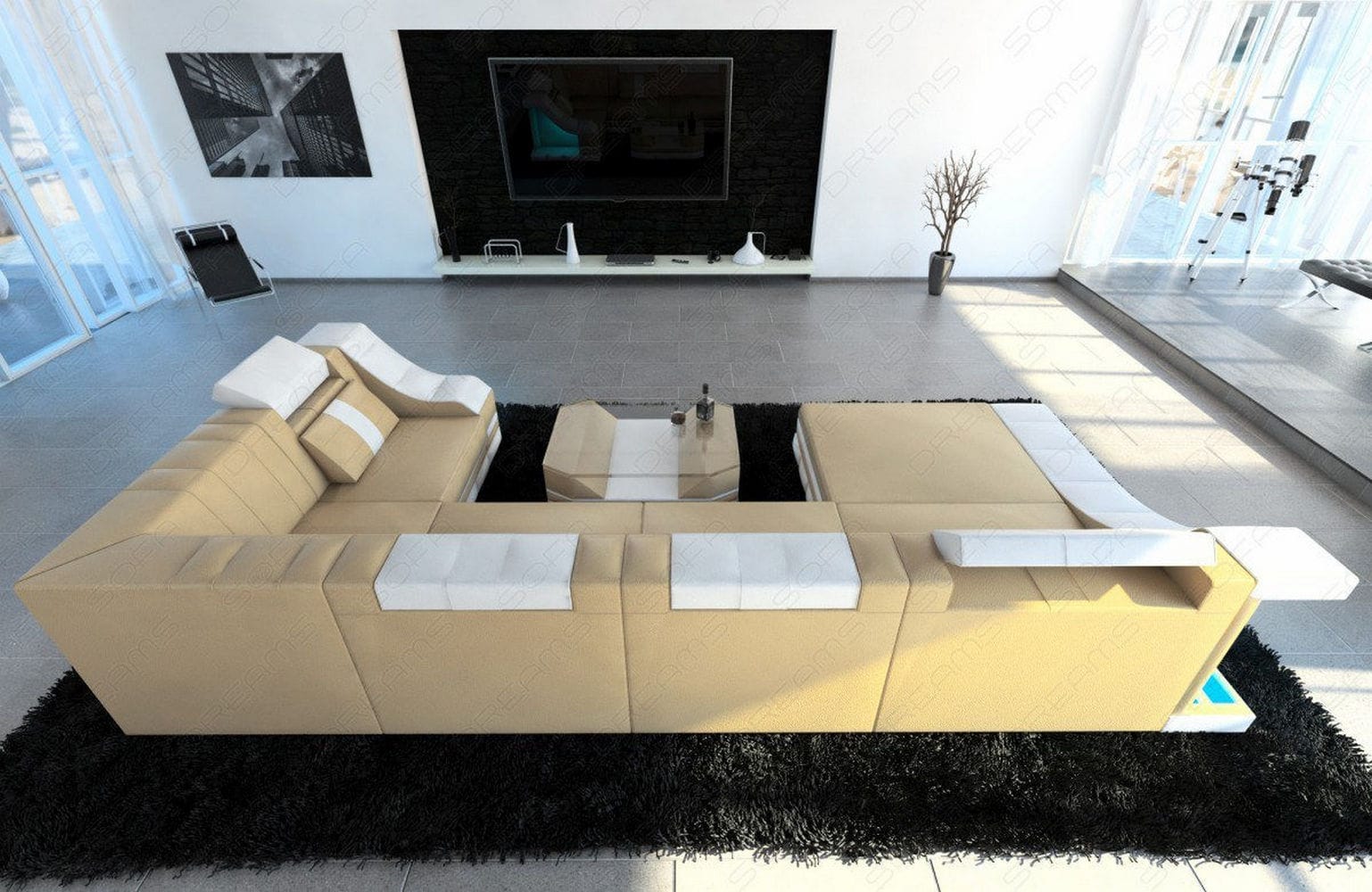 Moderne Wohnlandschaft Turino U-Form mit LED sandbeige-weiß