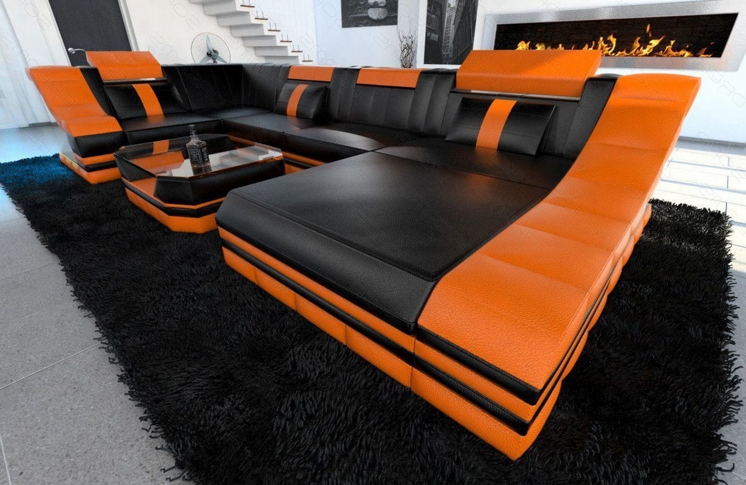Moderne Wohnlandschaft Turino U-Form mit LED schwarz-orange