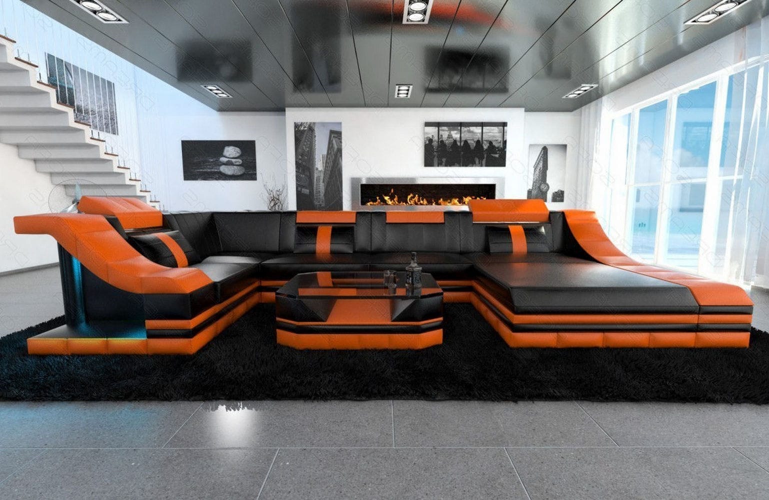 Moderne Wohnlandschaft Turino U-Form mit LED schwarz-orange