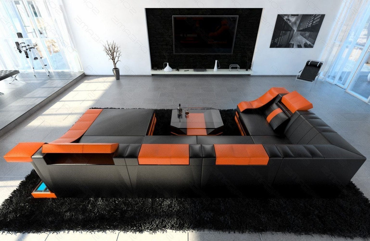 Moderne Wohnlandschaft Turino U-Form mit LED schwarz-orange
