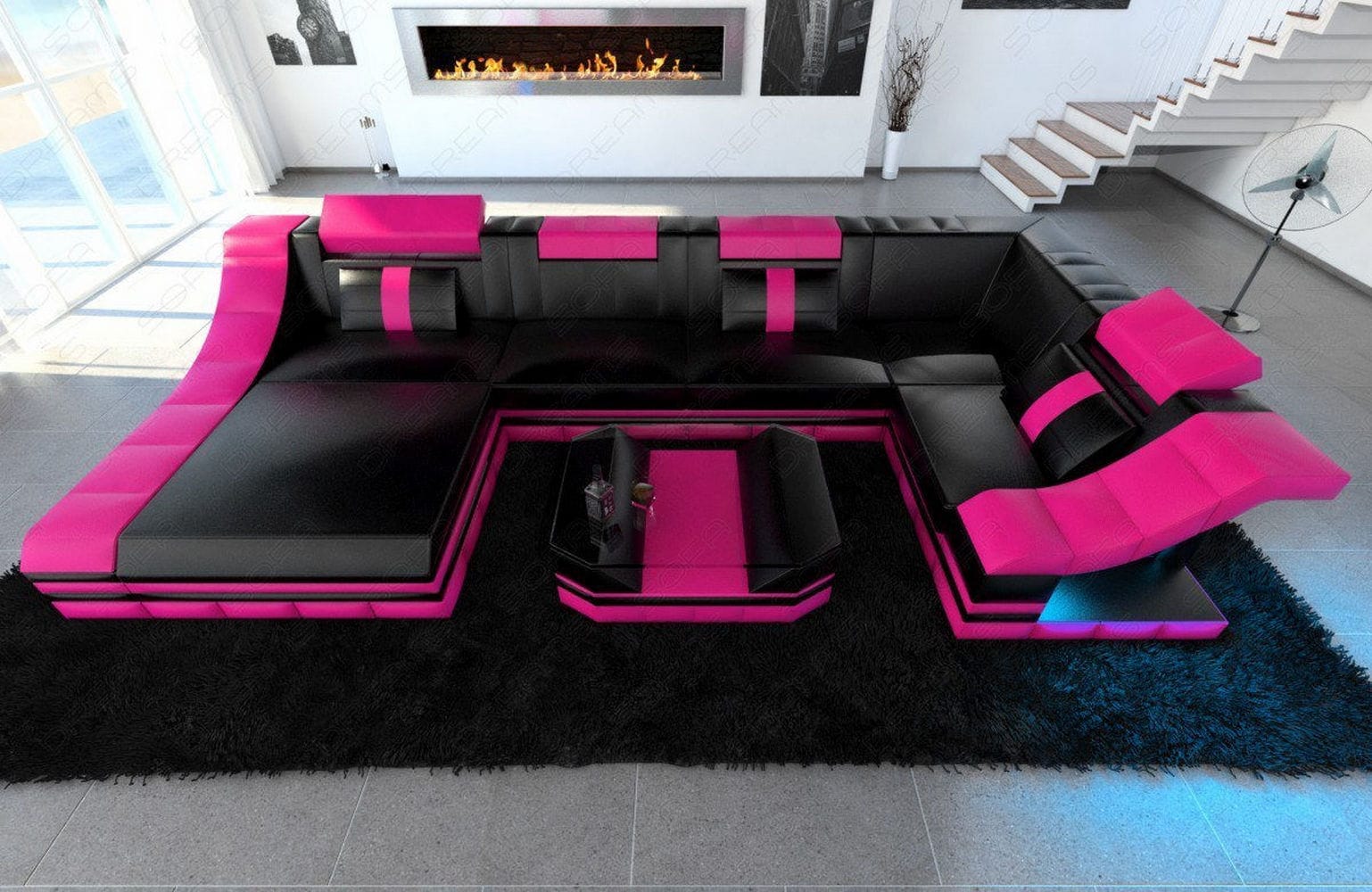 Moderne Wohnlandschaft Turino U-Form mit LED schwarz-pink