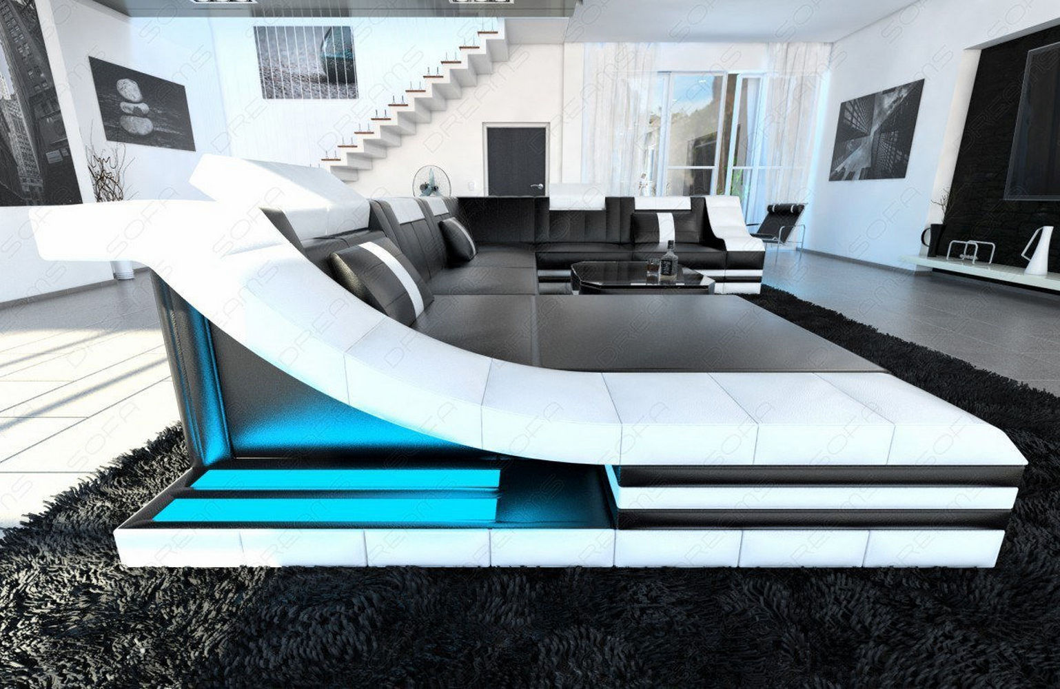 Mini Design Wohnlandschaft Turino XL mit LED Schwarz-Weiß