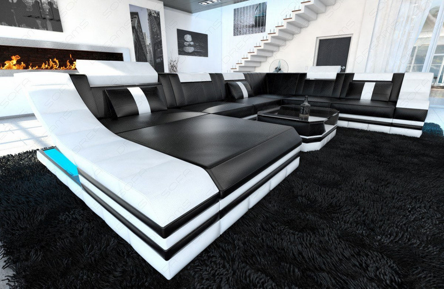 Mini Design Wohnlandschaft Turino XL mit LED Schwarz-Weiß