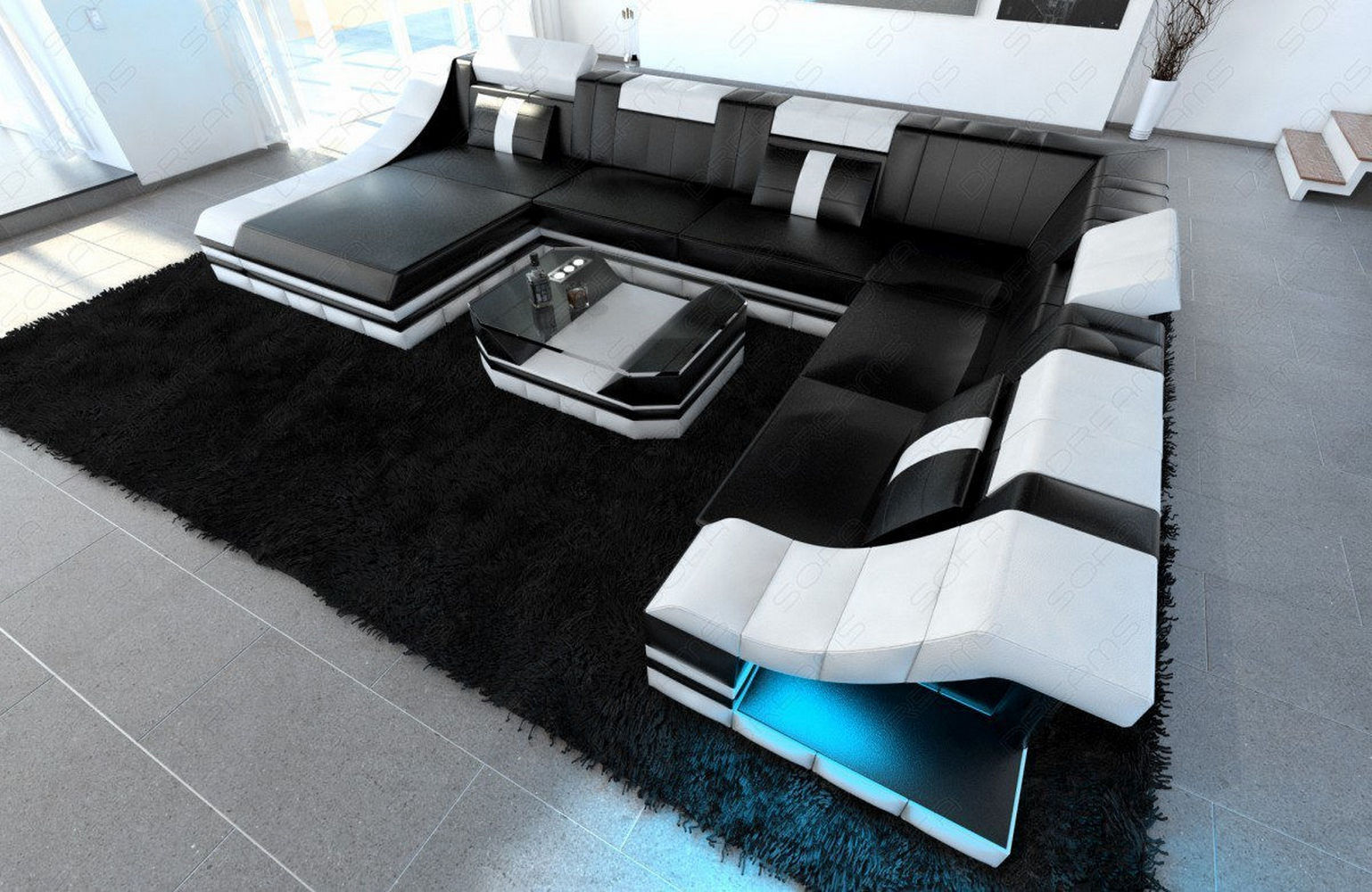 Mini Design Wohnlandschaft Turino XL mit LED Schwarz-Weiß